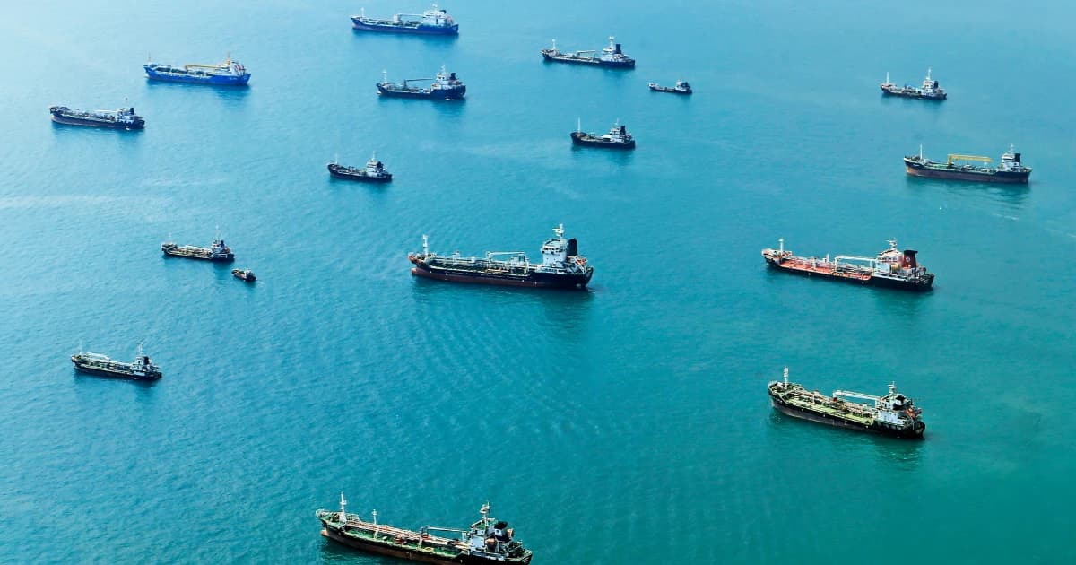 Aerial view of tankers riding at anchor in a busy roadstead